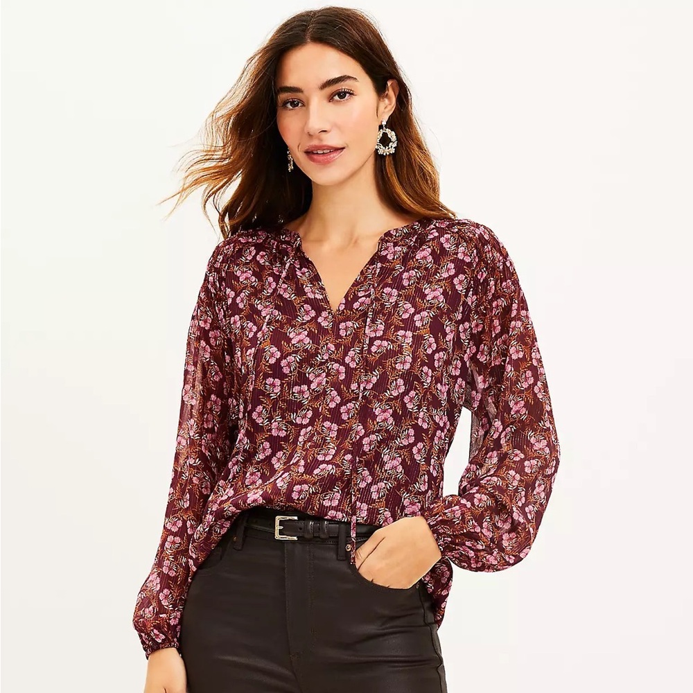 Shimmer Stripe Smocked Tie Neck Blouse
